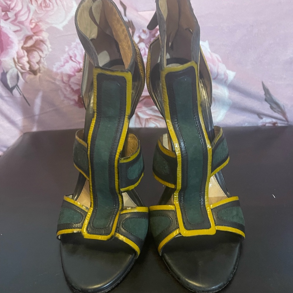 L.A.M.B. Green and Yellow Heels with Intricate Cut-Outs